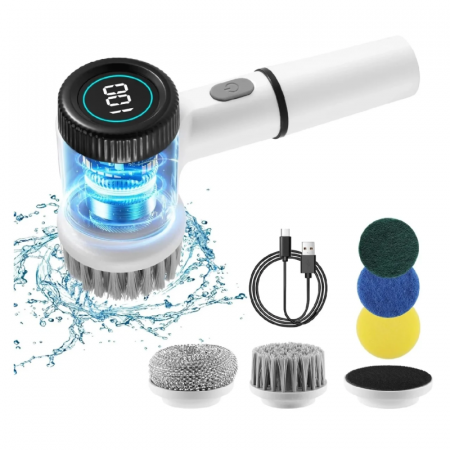 Perie Electrica Rotativa Premium SUPER TRENDS®, Fara Fir, Pentru Curatenie, 5 Capete, 3 Viteze, Incarcare USB, Rezistenta la Apa, Afisaj Digital, Alb [2]
