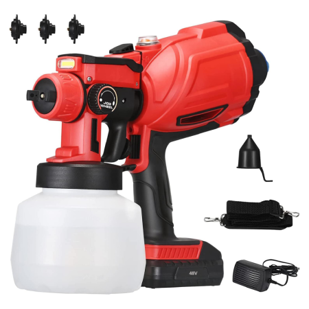 Scule & Unelte Bricolaj - Pistol de Vopsit Electric cu 3 Moduri de Pulverizare SUPER TRENDS®, 800ml, 2 Acumulatori 48V, Rosu-Negru