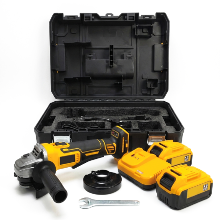 Scule & Unelte Bricolaj - Polizor Unghiular cu 2 Acumulatori 62V SUPER TRENDS®, Motor Brushless, Cheie Pentru Fixat Disc, Incarcator, Cutie Transport, Galben - Negru