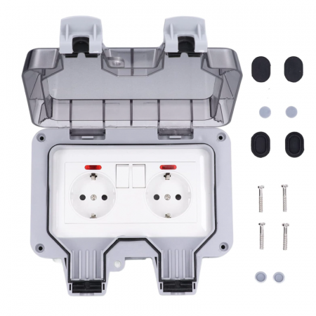 Produse - Priza Dubla de Exterior Profesionala SUPER TRENDS®, cu Intrerupatoare Individuale, Capac Rabatabil si Conector Cablu, IP66, Rezistenta la Apa si Praf, Pentru Bucatarie, Baie, Garaj, Gradina, Piscina,