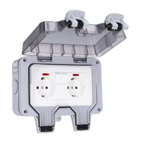 Priza Dubla de Exterior Profesionala SUPER TRENDS®, cu Intrerupatoare Individuale, Capac Rabatabil si Conector Cablu, IP66, Rezistenta la Apa si Praf, Pentru Bucatarie, Baie, Garaj, Gradina, Piscina, [1]