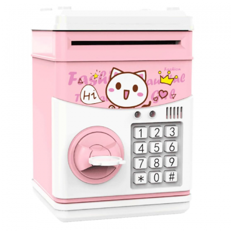 Articole Copii - Pusculita Electronica Pentru Copii Premium SUPER TRENDS® cu Design Pisica, Pentru Monede si Bancnote, cu Cheie, 5 Moduri de Sunete Muzicale, Cantece si Povesti, Roz, 3 ani+
