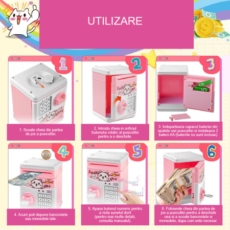 Pusculita Electronica Pentru Copii Premium SUPER TRENDS® cu Design Pisica, Pentru Monede si Bancnote, cu Cheie, 5 Moduri de Sunete Muzicale, Cantece si Povesti, Roz, 3 ani+ [3]
