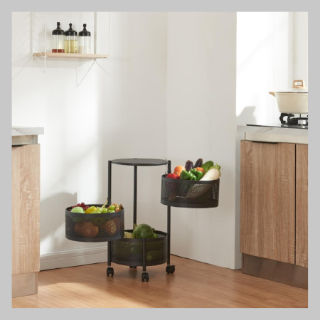 Raft Metalic Rotund Universal SUPER TRENDS®, 3 Cosuri Perforate, Otel Carbon, cu Roti si Design Rotativ, Negru, 60x34cm [10]