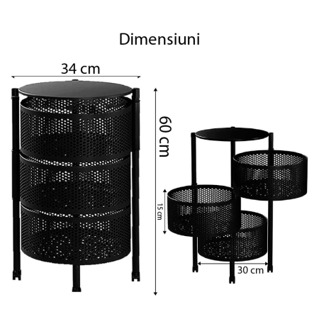 Raft Metalic Rotund Universal SUPER TRENDS®, 3 Cosuri Perforate, Otel Carbon, cu Roti si Design Rotativ, Negru, 60x34cm [6]