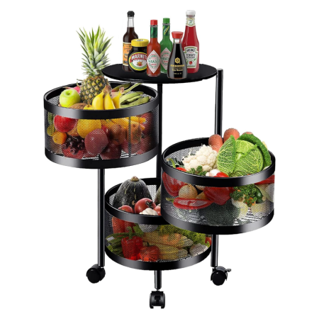 Produse - Raft Metalic Rotund Universal SUPER TRENDS®, 3 Cosuri Perforate, Otel Carbon, cu Roti si Design Rotativ, Negru, 60x34cm