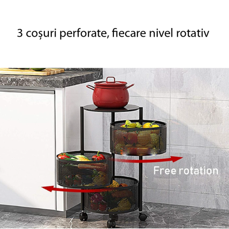 Raft Metalic Rotund Universal SUPER TRENDS®, 3 Cosuri Perforate, Otel Carbon, cu Roti si Design Rotativ, Negru, 60x34cm [4]