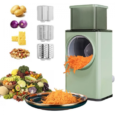 Razatoare Manuala Rotativa Multifunctionala Pentru Legume si Branzeturi Premium SUPER TRENDS®, cu 3 Tipuri de Lame Interschimbabile, Ventuza Puternica de Fixare, Plastic si Otel Inoxidabil, Multicolor [1]
