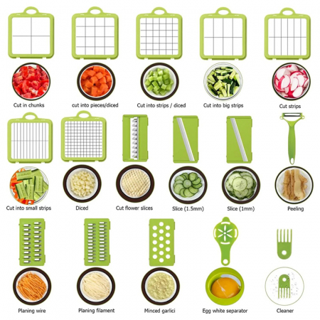 Razatoare Multifunctionala Pentru Fructe si Legume cu 22 de Piese, SUPER TRENDS®, Premium, Lame din Otel Inoxidabil, Maner de Protectie, Culoare Verde-Gri [3]