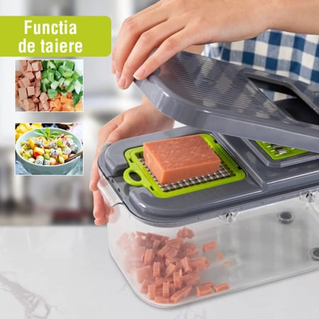 Razatoare Multifunctionala Pentru Fructe si Legume cu 22 de Piese, SUPER TRENDS®, Premium, Lame din Otel Inoxidabil, Maner de Protectie, Culoare Verde-Gri [4]