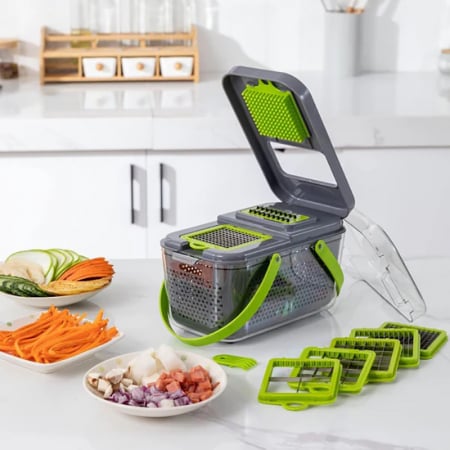 Razatoare Multifunctionala Pentru Fructe si Legume cu 22 de Piese, SUPER TRENDS®, Premium, Lame din Otel Inoxidabil, Maner de Protectie, Culoare Verde-Gri [2]