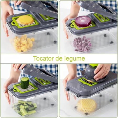 Razatoare Multifunctionala Pentru Fructe si Legume cu 22 de Piese, SUPER TRENDS®, Premium, Lame din Otel Inoxidabil, Maner de Protectie, Culoare Verde-Gri [5]