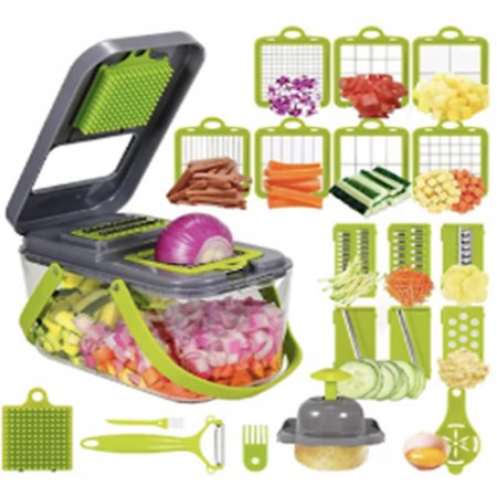Produse - Razatoare Multifunctionala Pentru Fructe si Legume cu 22 de Piese, SUPER TRENDS®, Premium, Lame din Otel Inoxidabil, Maner de Protectie, Culoare Verde-Gri