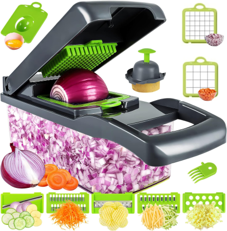 Razatoare Multifunctionala Premium 14 in 1 Pentru Legume si Fructe SUPER TRENDS®, Veggie Slicer, Accesorii Interschimbabile, Maner Protectie, Feliere, Radere, Taietor, Maruntitor, Gri/Verde [7]