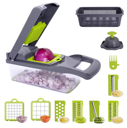 Produse - Razatoare Multifunctionala Premium 14 in 1 Pentru Legume si Fructe SUPER TRENDS®, Veggie Slicer, Accesorii Interschimbabile, Maner Protectie, Feliere, Radere, Taietor, Maruntitor, Gri/Verde