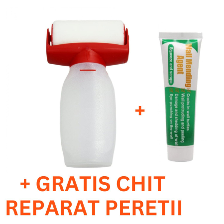 Casa & Gradina - Rola de Vopsit Reincarcabila Premium SUPER TRENDS®, cu Recipient Integrat de 500 ML, Latime 10 CM, Pentru Retusuri, Pereti, Graffiti, Proiecte Artistice, Alb-Rosu + 1 CHIT REPARATII GRATIS