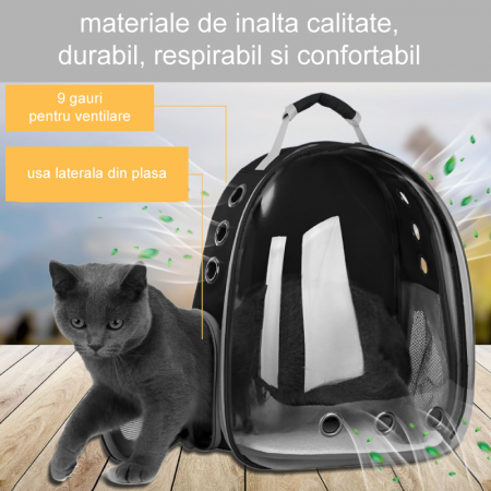 Rucsac Transport Pisica Sau Catel cu Fereastra Transparenta Premium SUPER TRENDS®, Design Respirabil, 30x25x40cm, Negru [6]