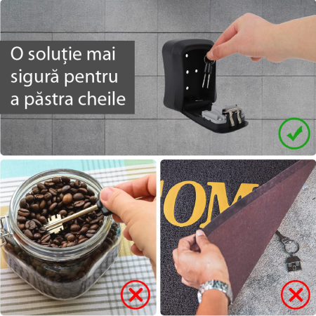 Seif Pentru Chei SUPER TRENDS®,  Montare pe Perete, Cod din 4 Cifre Resetabil, Rezistent la Apa, 11.7x9.5x4 cm, Negru [6]