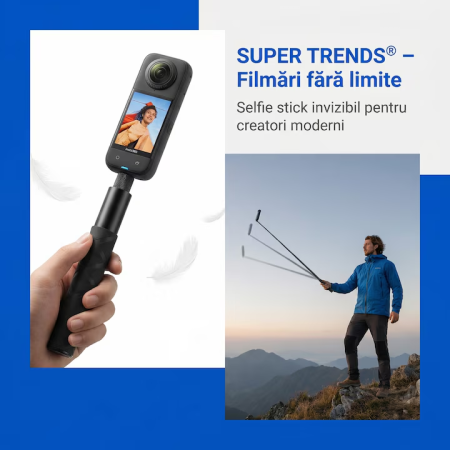 Selfie Stick Compatibil cu Insta 360 SUPER TRENDS® 70 cm Din Aliaj De Aluminiu, Selfie Stick Invizibil X3 X2 One X One R, Selfie Stick Aluminiu Profesional Cu Filet Standard, Suport Camera 360 Stabil Negru Obsidian Pentru Filmari 360° De Inalta Calitate [16]