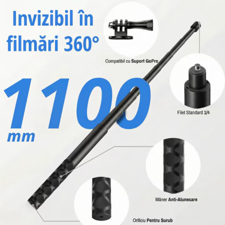 Selfie Stick Compatibil cu Insta360 Super Trends® 17-110 cm Din Aliaj De Aluminiu, Selfie Stick Invizibil, Compatibil cu X3 X2 One X One R, Selfie Stick Aluminiu Extensibil Cu Filet Standard, Suport Camera 360 Stabil Negru Mat, Filmari Profesionale 360° [1]