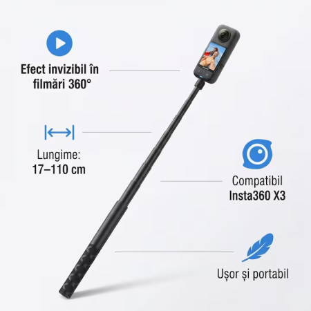 Selfie Stick Compatibil cu Insta360 Super Trends® 17-110 cm Din Aliaj De Aluminiu, Selfie Stick Invizibil, Compatibil cu X3 X2 One X One R, Selfie Stick Aluminiu Extensibil Cu Filet Standard, Suport Camera 360 Stabil Negru Mat, Filmari Profesionale 360° [4]