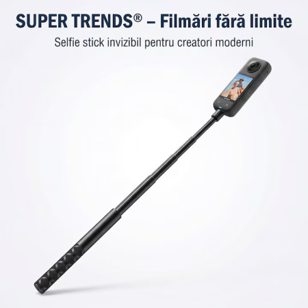 Selfie Stick Invizibil Super Trends® 22.5-120 cm Din Aliaj De Aluminiu, Selfie Stick Insta360 Compatibil Cu X3 X2 One X One R, Selfie Stick Aluminiu Extensibil Cu Filet Standard, Suport Camera 360 Stabil Negru Lucios Pentru Filmari Profesionale [10]
