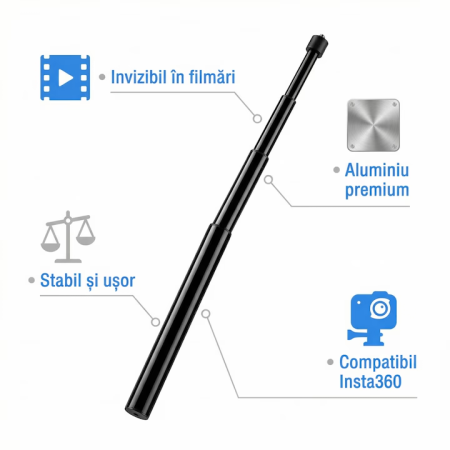 Selfie Stick Invizibil Super Trends® 22.5-120 cm Din Aliaj De Aluminiu, Selfie Stick Insta360 Compatibil Cu X3 X2 One X One R, Selfie Stick Aluminiu Extensibil Cu Filet Standard, Suport Camera 360 Stabil Negru Lucios Pentru Filmari Profesionale [5]