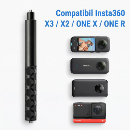 Selfie Stick Invizibil Super Trends® 22.5-120 cm Din Aliaj De Aluminiu, Selfie Stick Insta360 Compatibil Cu X3 X2 One X One R, Selfie Stick Aluminiu Extensibil Cu Filet Standard, Suport Camera 360 Stabil Negru Lucios Pentru Filmari Profesionale [2]