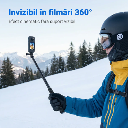 Selfie Stick Invizibil Super Trends® 22.5-120 cm Din Aliaj De Aluminiu, Selfie Stick Insta360 Compatibil Cu X3 X2 One X One R, Selfie Stick Aluminiu Extensibil Cu Filet Standard, Suport Camera 360 Stabil Negru Lucios Pentru Filmari Profesionale [12]