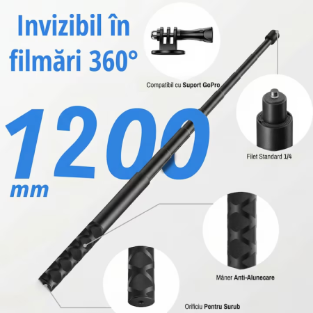 Selfie Stick Invizibil Super Trends® 22.5-120 cm Din Aliaj De Aluminiu, Selfie Stick Insta360 Compatibil Cu X3 X2 One X One R, Selfie Stick Aluminiu Extensibil Cu Filet Standard, Suport Camera 360 Stabil Negru Lucios Pentru Filmari Profesionale [1]