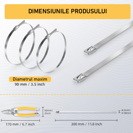 Set 100 Coliere din Inox (4,6 x 300 mm) SUPER TRENDS®, cu Foarfeca de Taiat, Galben, Argintiu [5]