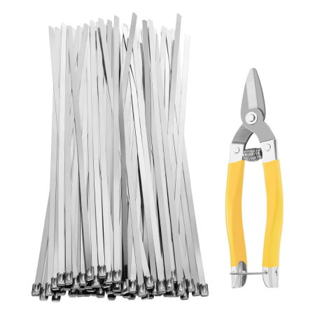 Casa & Gradina - Set 100 Coliere din Inox (4,6 x 300 mm) SUPER TRENDS®, cu Foarfeca de Taiat, Galben, Argintiu