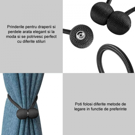 Set 2 Bucati Prinderi Magnetice Pentru Perdele si Draperii Premium SUPER TRENDS®, Tip Snur cu 2 Magneti, Negru [6]