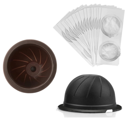 Set 2 Capsule de Cafea Reutilizabile si Lavabile SUPER TRENDS® de 150 ml (Maro) si 230 ml (Negru), compatibile cu Nespresso Vertuo si 30 Folii de Aluminiu [1]