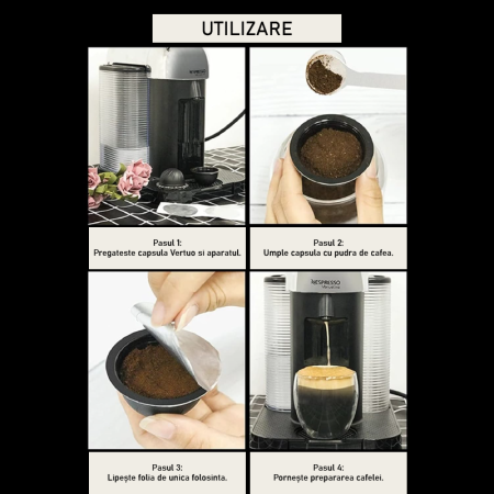 Set 2 Capsule de Cafea Reutilizabile si Lavabile SUPER TRENDS® de 150 ml (Maro) si 230 ml (Negru), compatibile cu Nespresso Vertuo si 30 Folii de Aluminiu [4]