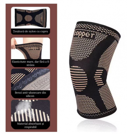 Set 2 Genunchiere Compresive Premium cu Fir de Cupru SUPER TRENDS®, Bratara Snur Cerata, Reduce Durerea, Marime Universala, Unisex, Negru/Beige [3]