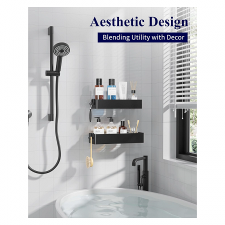 Set 2 Rafturi Pentru Baie si Dus cu Adeziv Premium SUPER TRENDS®, Organizator Baie, Montaj Fara Gaurire, Otel Inoxidabil Antirugina, Negru [7]
