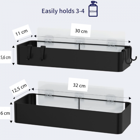 Set 2 Rafturi Pentru Baie si Dus cu Adeziv Premium SUPER TRENDS®, Organizator Baie, Montaj Fara Gaurire, Otel Inoxidabil Antirugina, Negru [1]