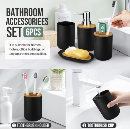 Set Accesorii Baie Premium SUPER TRENDS® 6 Piese, Plastic si Bambus, Negru - Mat, Durabil [5]