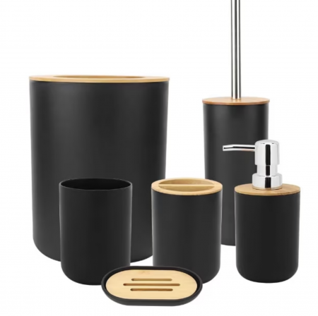 Produse - Set Accesorii Baie Premium SUPER TRENDS® 6 Piese, Plastic si Bambus, Negru - Mat, Durabil