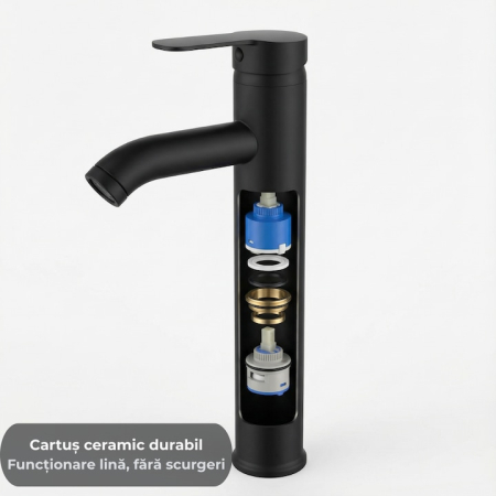 Set Baterie Chiuveta Baie Inalta Rotunda 30 Cm Negru Cu Finisaje Premium Si Racorduri Incluse + Burete Vileda Glitzi Pentru Curatare Eficienta, Set Accesorii Baie Design Modern [1]