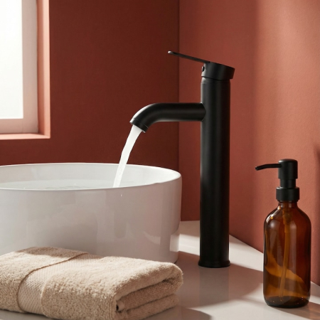 Set Baterie Chiuveta Baie Inalta Rotunda 30 Cm Negru Cu Finisaje Premium Si Racorduri Incluse + Burete Vileda Glitzi Pentru Curatare Eficienta, Set Accesorii Baie Design Modern [13]