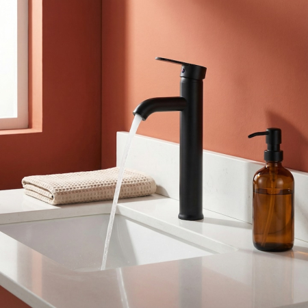 Set Baterie Chiuveta Baie Inalta Rotunda 30 Cm Negru Cu Finisaje Premium Si Racorduri Incluse + Burete Vileda Glitzi Pentru Curatare Eficienta, Set Accesorii Baie Design Modern [11]