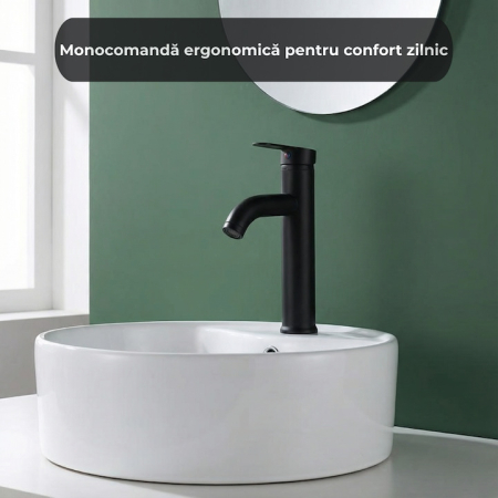 Set Baterie Chiuveta Baie Inalta Rotunda 30 Cm Negru Cu Finisaje Premium Si Racorduri Incluse + Burete Vileda Glitzi Pentru Curatare Eficienta, Set Accesorii Baie Design Modern [6]