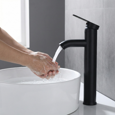 Set Baterie Chiuveta Baie Inalta Rotunda 30 Cm Negru Cu Finisaje Premium Si Racorduri Incluse + Burete Vileda Glitzi Pentru Curatare Eficienta, Set Accesorii Baie Design Modern [12]