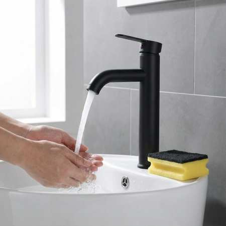 Set Baterie Chiuveta Baie Inalta Rotunda 30 Cm Negru Cu Finisaje Premium Si Racorduri Incluse + Burete Vileda Glitzi Pentru Curatare Eficienta, Set Accesorii Baie Design Modern [8]