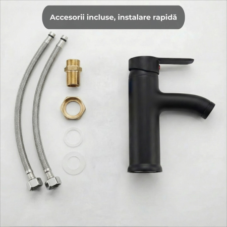 Set Baterie Chiuveta Baie Rotunda 17 Cm Negru Cu Finisaje Premium Si Racorduri Incluse + Burete Vileda Glitzi Pentru Curatare Eficienta, Set Accesorii Baie Si Curatenie, Design Modern, Utilizare Zilnica [6]