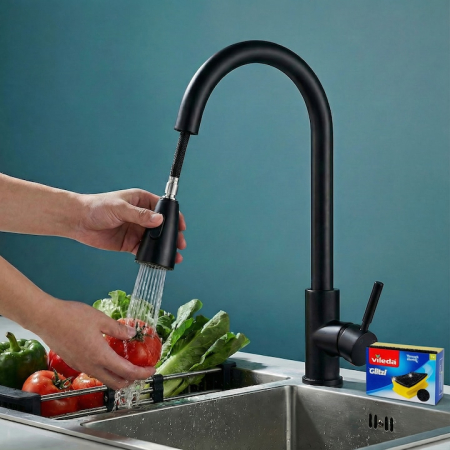 Casa & Gradina - Set Baterie Chiuveta Bucatarie TrioStore® Din Alama Cu Dus Extractabil Monocomanda Si Pipa Pivotanta 360°, Doua Moduri De Curgere, Montaj Pe Chiuveta + Burete Vileda Glitzi Pentru Curatare Eficienta, Negru