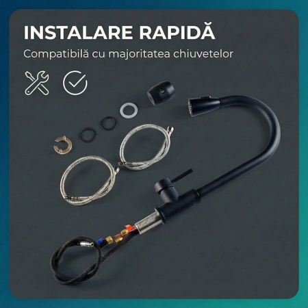 Set Baterie Chiuveta Bucatarie TrioStore® Din Alama Cu Dus Extractabil Monocomanda Si Pipa Pivotanta 360°, Doua Moduri De Curgere, Montaj Pe Chiuveta + Burete Vileda Glitzi Pentru Curatare Eficienta, Negru [10]
