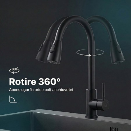 Set Baterie Chiuveta Bucatarie TrioStore® Din Alama Cu Dus Extractabil Monocomanda Si Pipa Pivotanta 360°, Doua Moduri De Curgere, Montaj Pe Chiuveta + Burete Vileda Glitzi Pentru Curatare Eficienta, Negru [9]